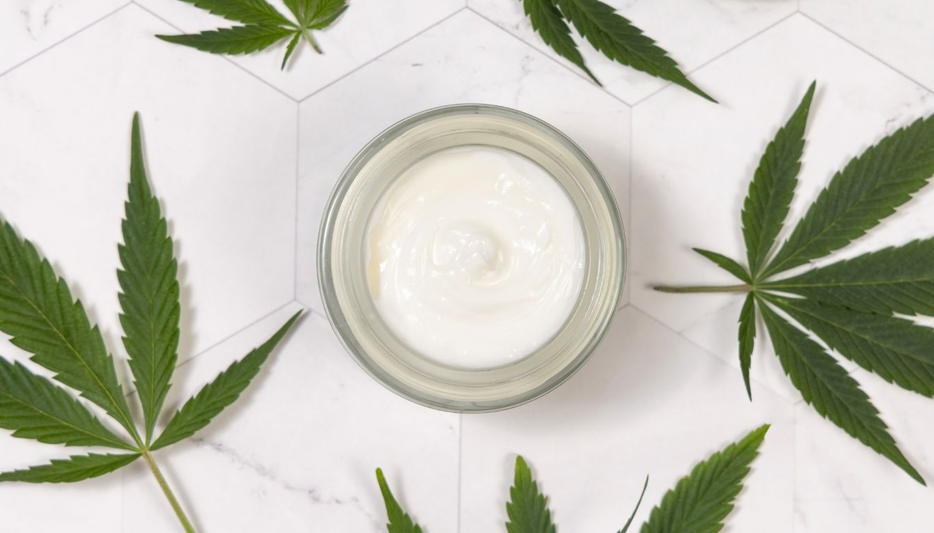 creme-krukke-nær-cannabis-blade-på-marmor-top-udsigt